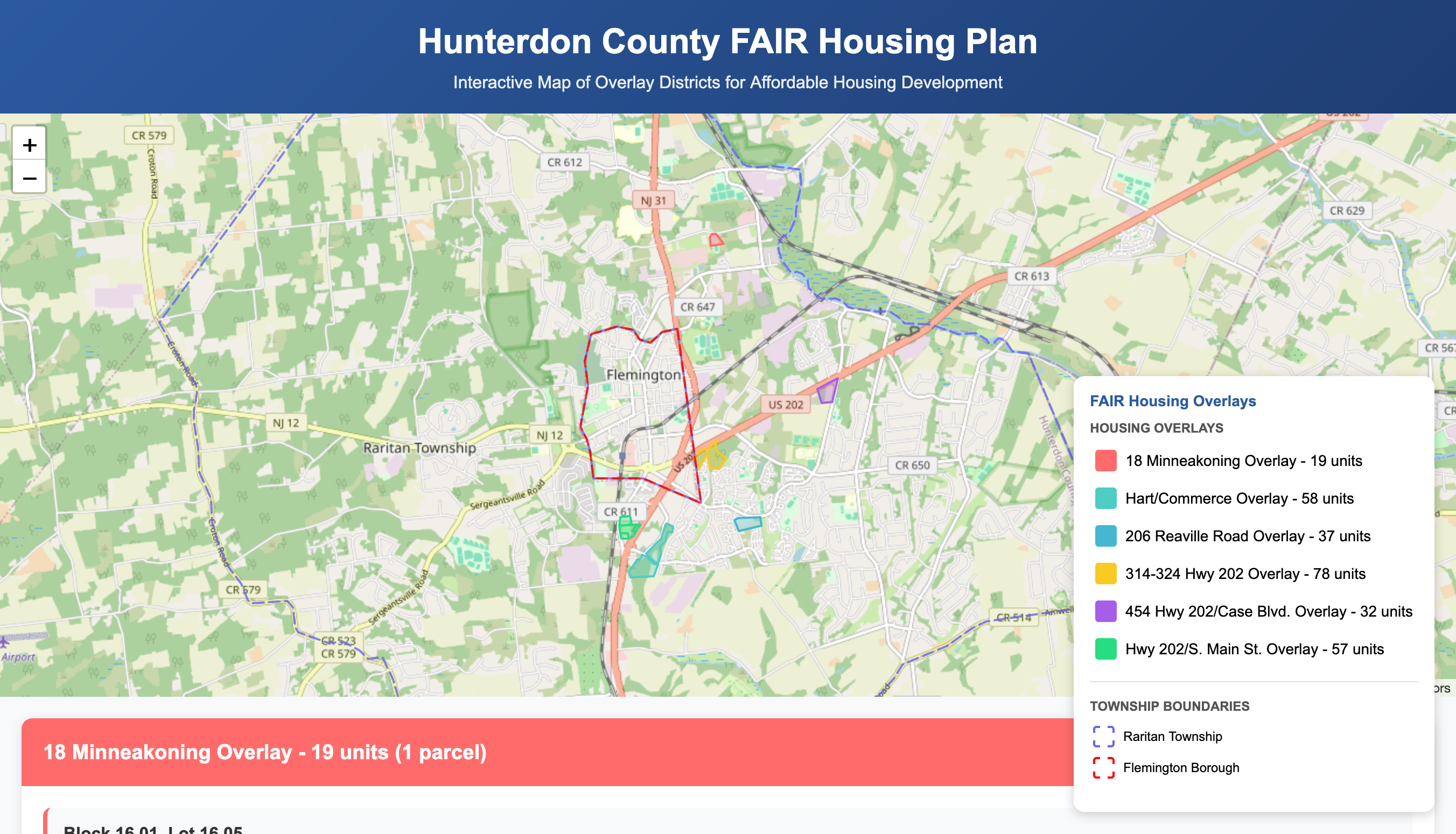 Screenshot of the Hunterdon County FAIR Housing Plan Map in action, showing the map, legend, and info cards.